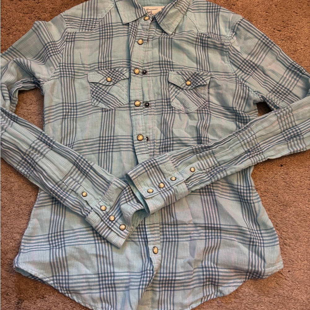 American Eagle Outfitters Womens Pearl Snap Button Plaid Shirt Size 4 Blue
